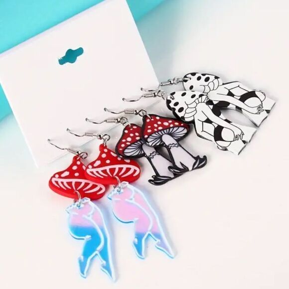 Psychedelic Mushroom Lady Lightweight Earrings Set of 3- Sexy Acrylic Black Red - Picture 3 of 5